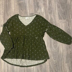 Wonderly Forest Green V-Neck Blouse with Geometric Design